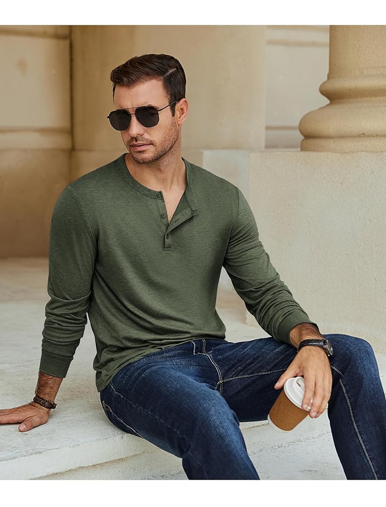 COOFANDY Men's Henley T-Shirt Long Sleeve Casual Lightweight